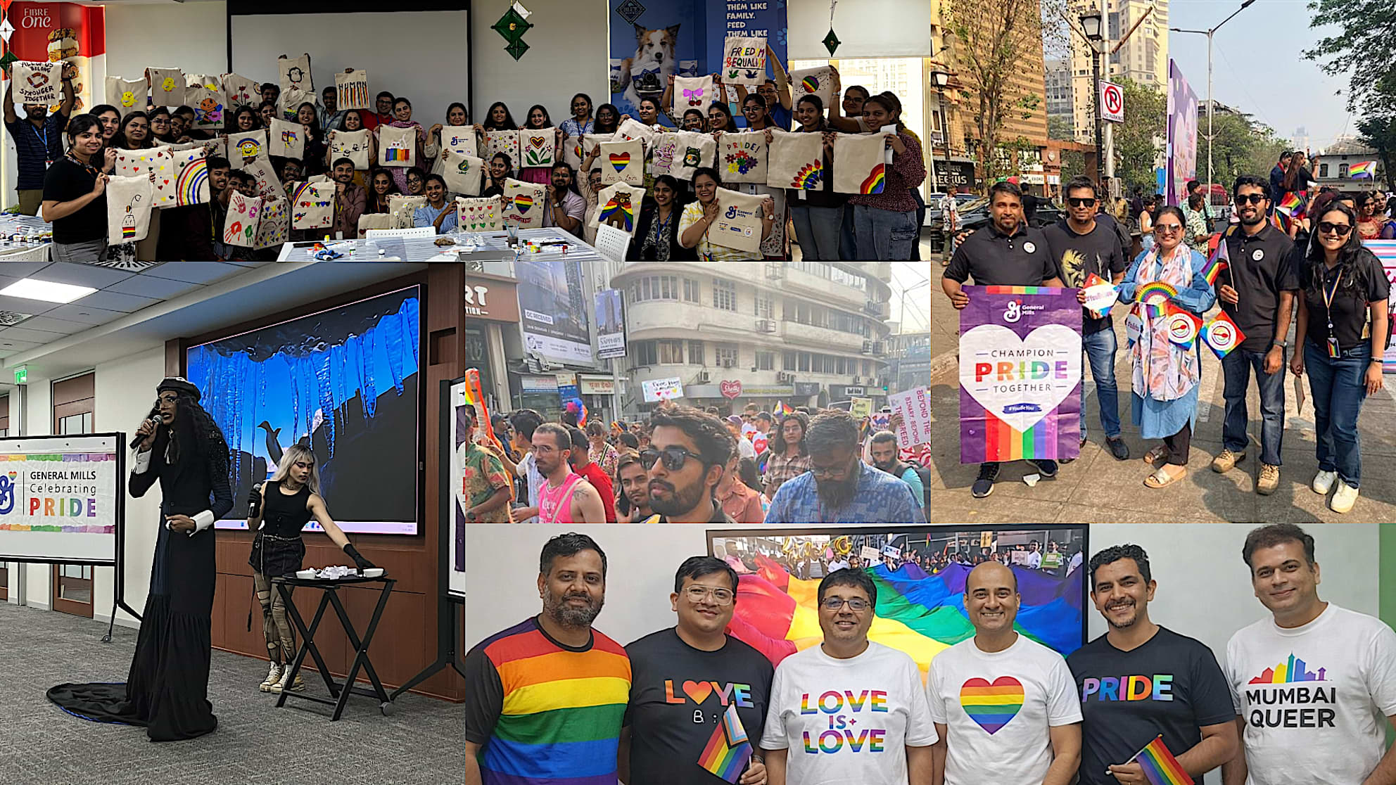 A collage of photos showcasing various Pride-themed events and celebrations. The images include large groups of people holding decorated tote bags with rainbow designs in an indoor workshop setting; participants standing together outdoors during Pride marches carrying rainbow flags, placards, and organizational banners; individuals wearing colorful Pride-themed T‑shirts with slogans such as “LOVE IS LOVE,” “PRIDE,” and “MUMBAI QUEER”; and a stage performance where a performer in a long black outfit stands beside another person operating equipment. The overall collage highlights LGBTQIA+ Pride activities, community engagement, and vibrant rainbow-themed decorations.
